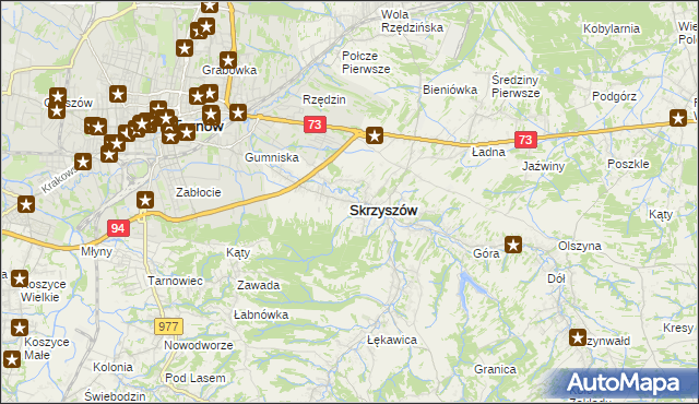 mapa Skrzyszów powiat tarnowski, Skrzyszów powiat tarnowski na mapie Targeo