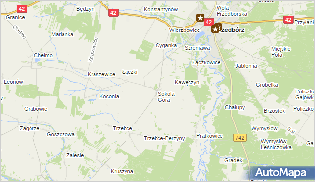 mapa Sokola Góra gmina Wielgomłyny, Sokola Góra gmina Wielgomłyny na mapie Targeo