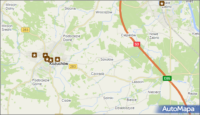 mapa Sokołów gmina Kożuchów, Sokołów gmina Kożuchów na mapie Targeo