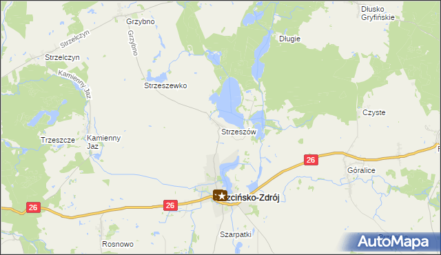 mapa Strzeszów gmina Trzcińsko-Zdrój, Strzeszów gmina Trzcińsko-Zdrój na mapie Targeo