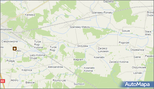 mapa Strzyżew gmina Łuków, Strzyżew gmina Łuków na mapie Targeo