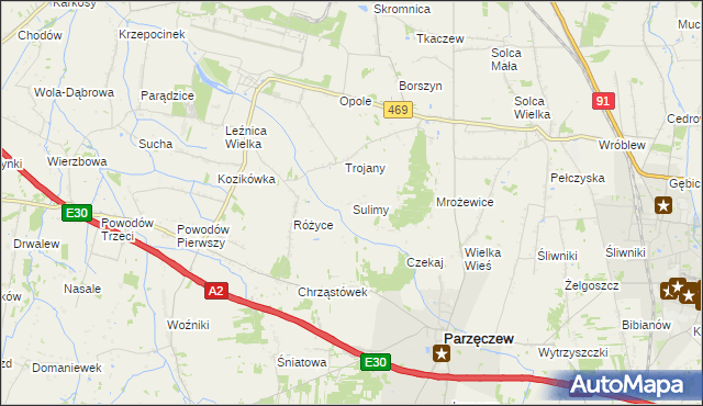 mapa Sulimy gmina Parzęczew, Sulimy gmina Parzęczew na mapie Targeo