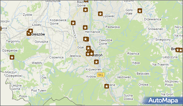 mapa Ustroń powiat cieszyński, Ustroń powiat cieszyński na mapie Targeo