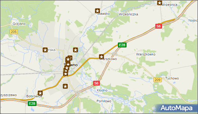 mapa Warszkowo gmina Sławno, Warszkowo gmina Sławno na mapie Targeo