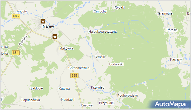 mapa Waśki gmina Narew, Waśki gmina Narew na mapie Targeo