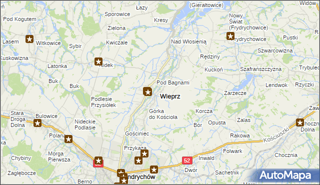 mapa Wieprz powiat wadowicki, Wieprz powiat wadowicki na mapie Targeo