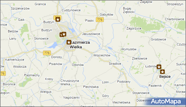 mapa Wojciechów gmina Kazimierza Wielka, Wojciechów gmina Kazimierza Wielka na mapie Targeo