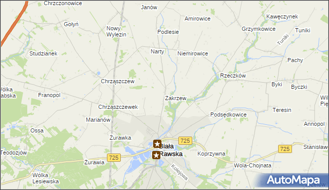 mapa Zakrzew gmina Biała Rawska, Zakrzew gmina Biała Rawska na mapie Targeo