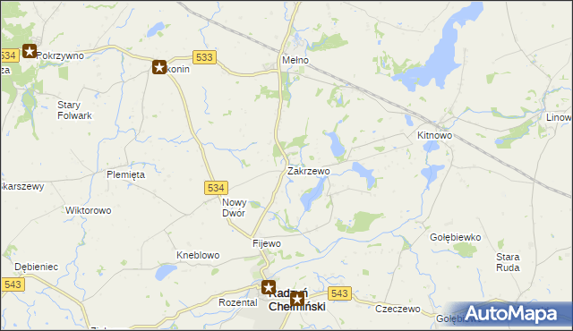 mapa Zakrzewo gmina Radzyń Chełmiński, Zakrzewo gmina Radzyń Chełmiński na mapie Targeo