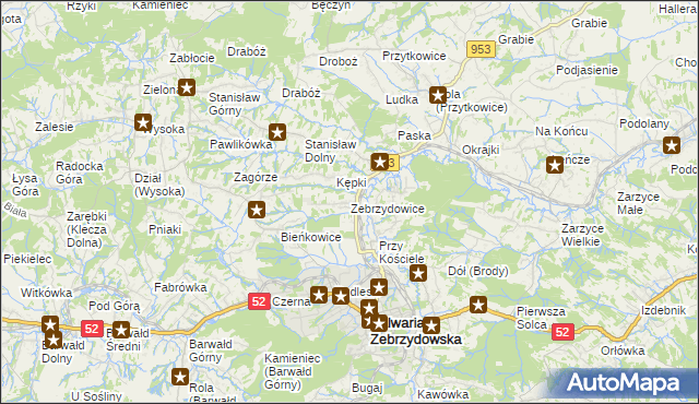 mapa Zebrzydowice gmina Kalwaria Zebrzydowska, Zebrzydowice gmina Kalwaria Zebrzydowska na mapie Targeo