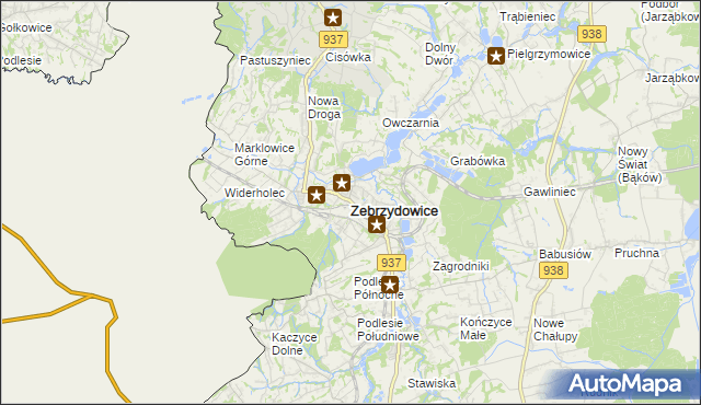 mapa Zebrzydowice powiat cieszyński, Zebrzydowice powiat cieszyński na mapie Targeo