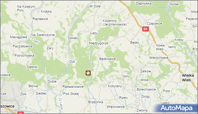 mapa Będkowice gmina Wielka Wieś, Będkowice gmina Wielka Wieś na mapie Targeo