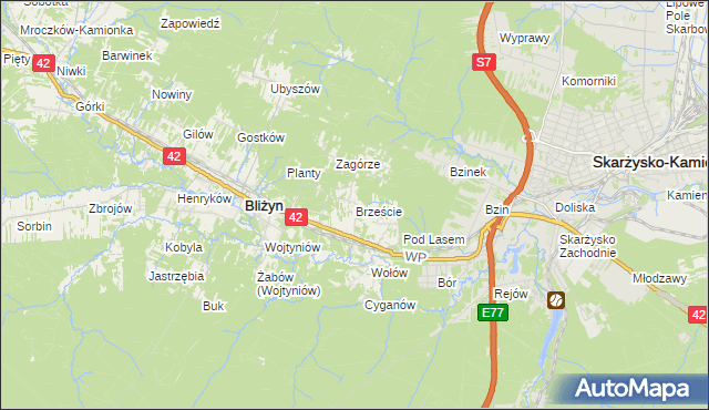 mapa Brzeście gmina Bliżyn, Brzeście gmina Bliżyn na mapie Targeo