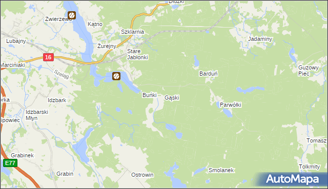 mapa Gąski gmina Ostróda, Gąski gmina Ostróda na mapie Targeo