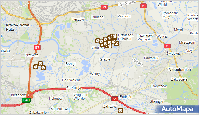 mapa Grabie gmina Wieliczka, Grabie gmina Wieliczka na mapie Targeo