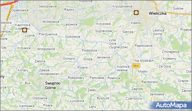 mapa Janowice gmina Wieliczka, Janowice gmina Wieliczka na mapie Targeo