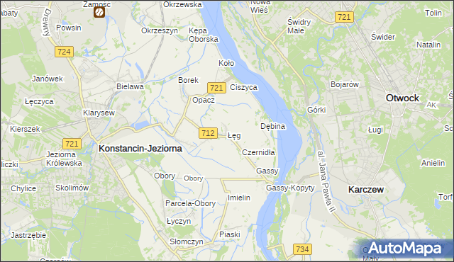 mapa Łęg gmina Konstancin-Jeziorna, Łęg gmina Konstancin-Jeziorna na mapie Targeo