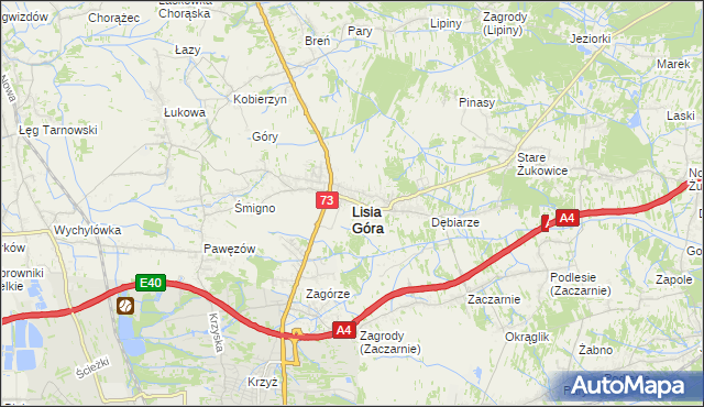 mapa Lisia Góra powiat tarnowski, Lisia Góra powiat tarnowski na mapie Targeo