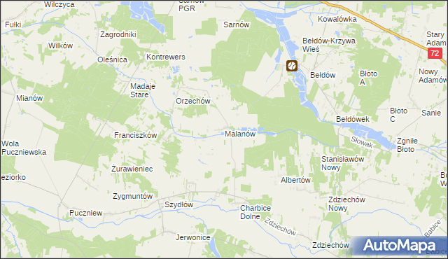 mapa Malanów gmina Lutomiersk, Malanów gmina Lutomiersk na mapie Targeo