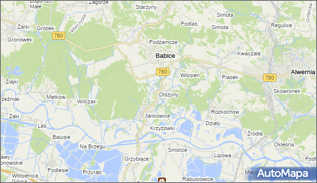 mapa Olszyny gmina Babice, Olszyny gmina Babice na mapie Targeo