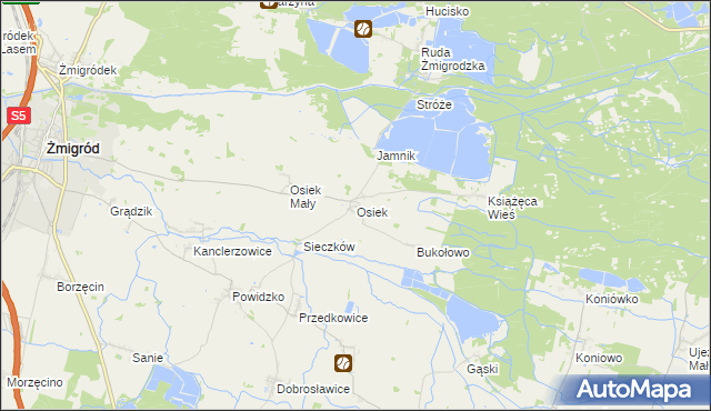 mapa Osiek gmina Żmigród, Osiek gmina Żmigród na mapie Targeo