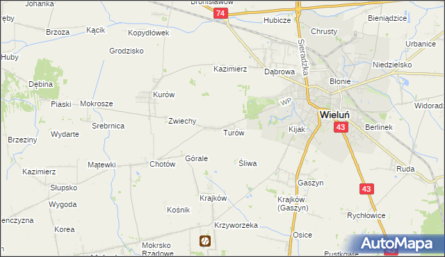 mapa Turów gmina Wieluń, Turów gmina Wieluń na mapie Targeo