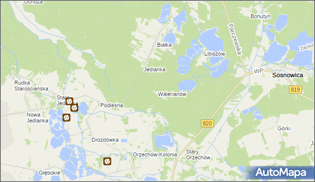 mapa Walerianów gmina Sosnowica, Walerianów gmina Sosnowica na mapie Targeo