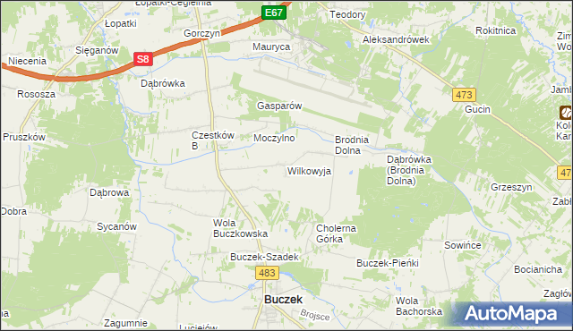 mapa Wilkowyja gmina Buczek, Wilkowyja gmina Buczek na mapie Targeo