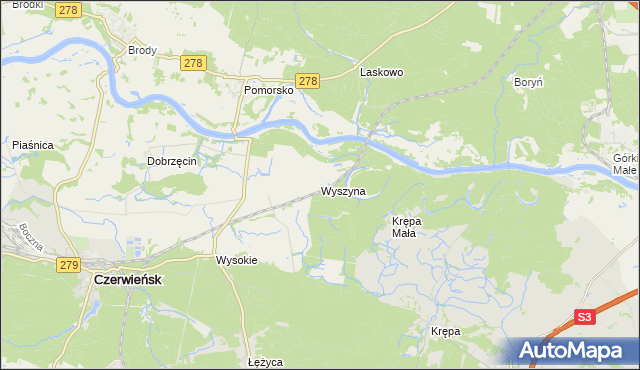 mapa Wyszyna gmina Czerwieńsk, Wyszyna gmina Czerwieńsk na mapie Targeo