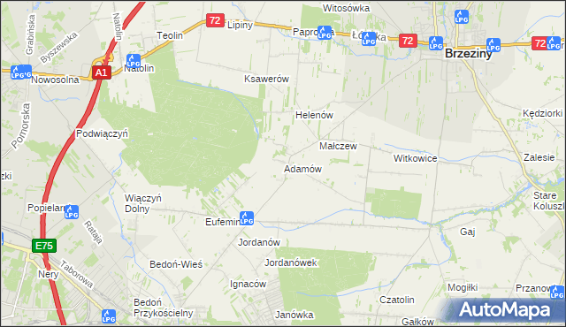 mapa Adamów gmina Brzeziny, Adamów gmina Brzeziny na mapie Targeo
