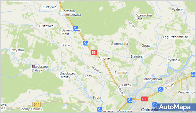 mapa Antonie gmina Olszewo-Borki, Antonie gmina Olszewo-Borki na mapie Targeo