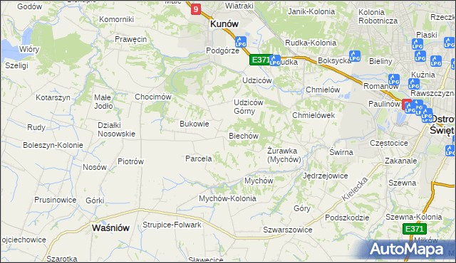 mapa Biechów gmina Kunów, Biechów gmina Kunów na mapie Targeo