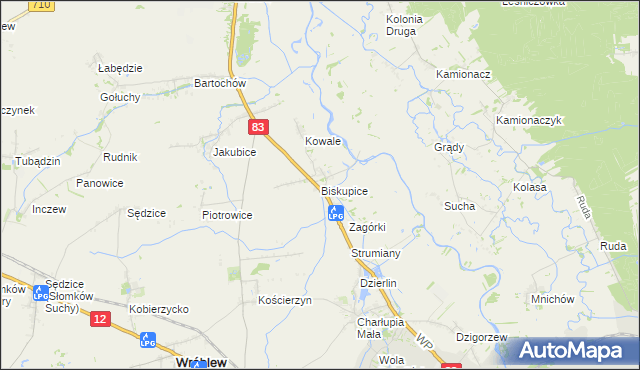 mapa Biskupice gmina Sieradz, Biskupice gmina Sieradz na mapie Targeo