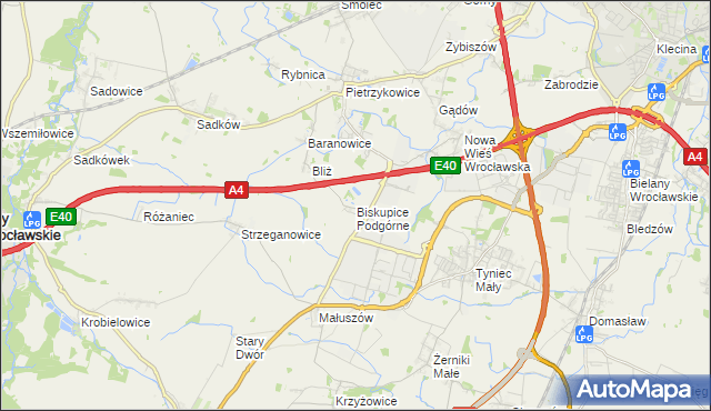 mapa Biskupice Podgórne, Biskupice Podgórne na mapie Targeo