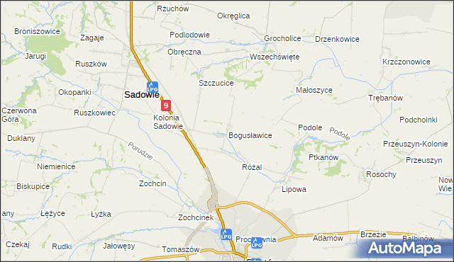 mapa Bogusławice gmina Sadowie, Bogusławice gmina Sadowie na mapie Targeo