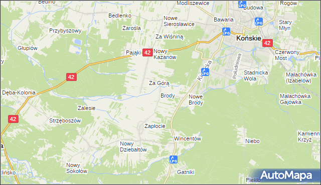 mapa Brody gmina Końskie, Brody gmina Końskie na mapie Targeo