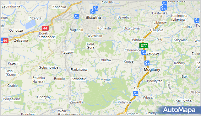 mapa Buków gmina Mogilany, Buków gmina Mogilany na mapie Targeo
