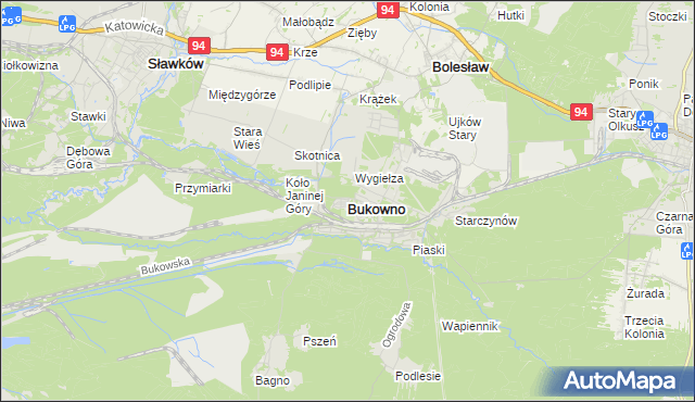 mapa Bukowno powiat olkuski, Bukowno powiat olkuski na mapie Targeo