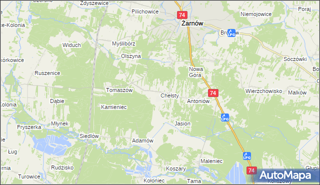 mapa Chełsty gmina Żarnów, Chełsty gmina Żarnów na mapie Targeo