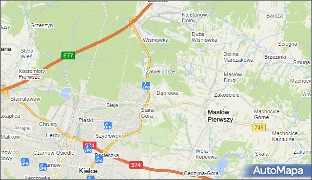 mapa Dąbrowa gmina Masłów, Dąbrowa gmina Masłów na mapie Targeo