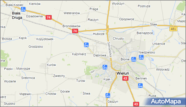 mapa Dąbrowa gmina Wieluń, Dąbrowa gmina Wieluń na mapie Targeo