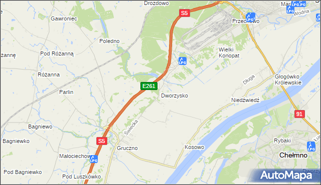 mapa Dworzysko gmina Świecie, Dworzysko gmina Świecie na mapie Targeo