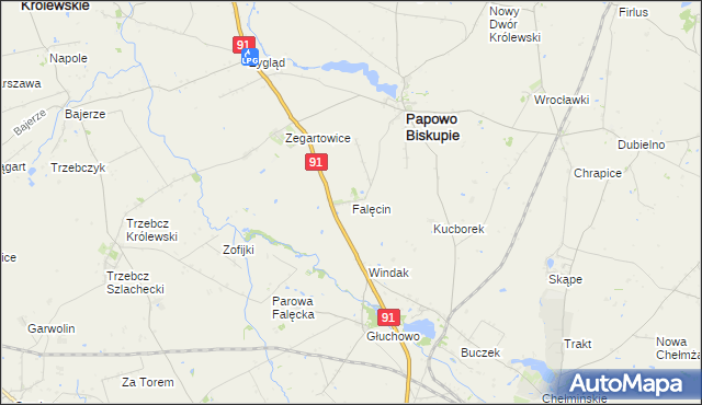 mapa Falęcin gmina Papowo Biskupie, Falęcin gmina Papowo Biskupie na mapie Targeo