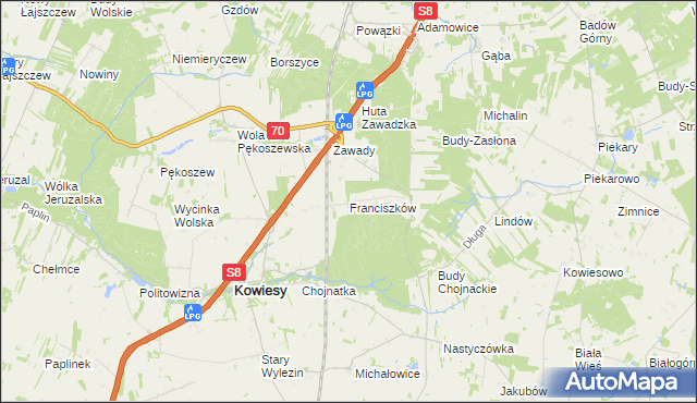 mapa Franciszków gmina Kowiesy, Franciszków gmina Kowiesy na mapie Targeo