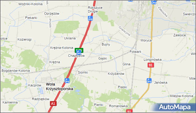 mapa Gąski gmina Wola Krzysztoporska, Gąski gmina Wola Krzysztoporska na mapie Targeo