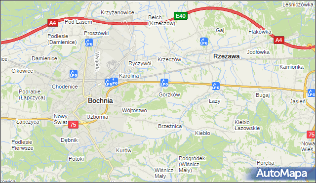 mapa Gorzków gmina Bochnia, Gorzków gmina Bochnia na mapie Targeo