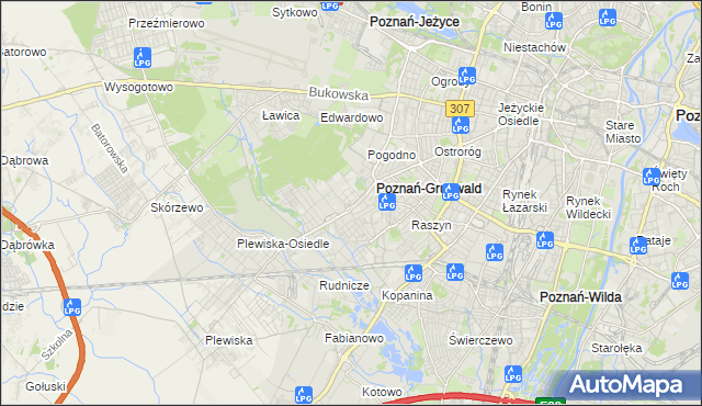 mapa Grunwald gmina Poznań, Grunwald gmina Poznań na mapie Targeo