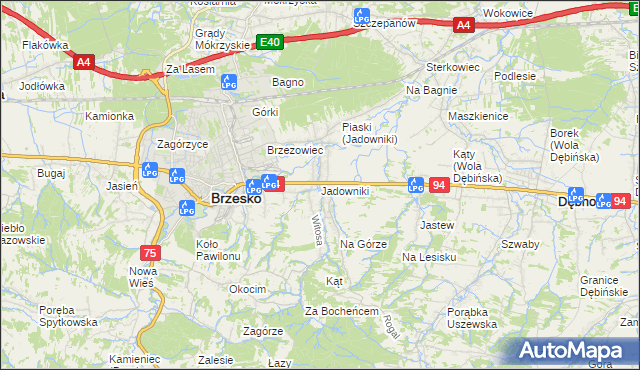 mapa Jadowniki gmina Brzesko, Jadowniki gmina Brzesko na mapie Targeo