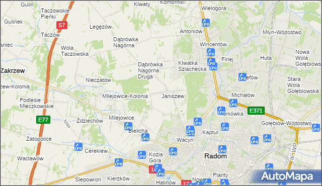 mapa Janiszew gmina Zakrzew, Janiszew gmina Zakrzew na mapie Targeo