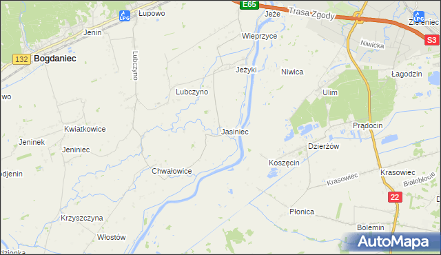 mapa Jasiniec gmina Bogdaniec, Jasiniec gmina Bogdaniec na mapie Targeo